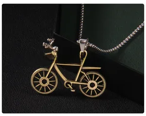 Detailed close-up of retro bicycle pendant with intricate spokes on a beaded chain