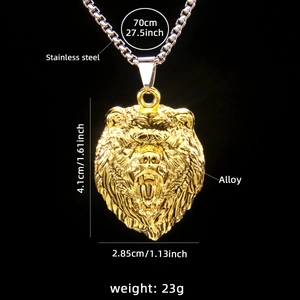 Pendentif tête de lion dorée avec chaîne en acier inoxydable de 70cm style hip-hop