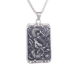 Retro stainless steel dragon plaque necklace with embossed totem on a classic box chain