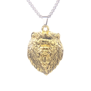 Collier avec pendentif tête de lion doré et chaîne argentée de style punk hip-hop