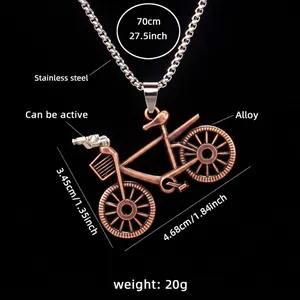 Vintage copper bicycle pendant necklace with movable parts on 70cm stainless steel chain