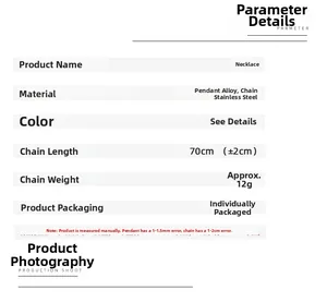 Detailed size and material chart for the colorful skull pendant necklace on 70cm chain
