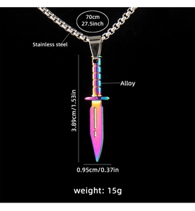Detailed size specifications for a rainbow plated stainless steel dagger pendant necklace