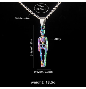 Macro detail of iridescent skull pendant with stainless steel chain and dimensions