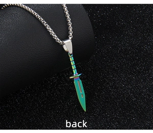 Detailed back view of a colorful iridescent dagger pendant with a stainless box chain