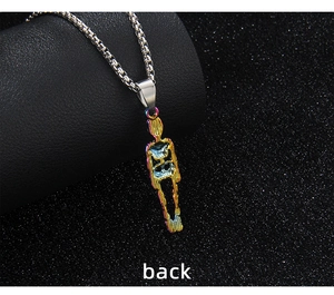 Detailed back view of a punk-style skull pendant featuring a rainbow electroplated finish