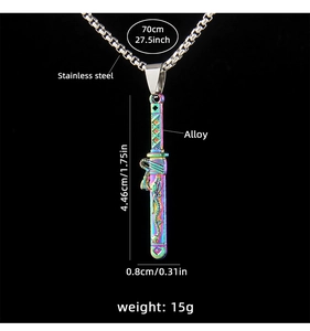 Macro view of colorful dragon-engraved sword pendant with stainless steel box chain