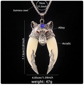 Detailed view of wolf head pendant with red rhinestones and acrylic fangs on steel chain