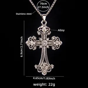 Collana con ciondolo a croce hip hop retrò in acciaio inossidabile con strass e catena