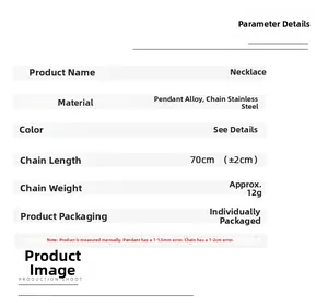 Detailed size specifications for stainless steel maple leaf necklace with 70cm chain