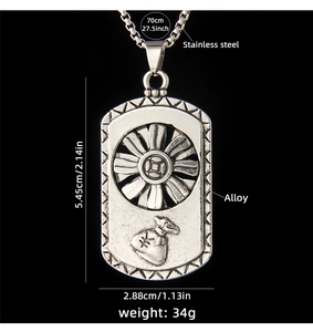 Detail of vintage hip-hop square pendant necklace with rotating disc and money bag charm