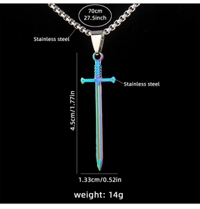 Macro detail of rainbow stainless steel sword pendant with 70cm chain and dimensions