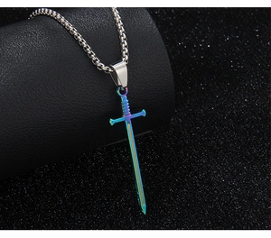 Detailed close-up of rainbow metal sword pendant on silver bead chain against black background