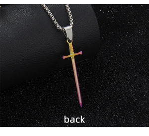 Macro view of the colorful stainless steel dagger pendant back with rainbow finish