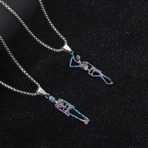 Hip Hop Trendy Iridescent Skeleton Pendant Necklace For Men Women Stainless Steel Box Chain Rainbow Skull Gothic Punk Jewelry