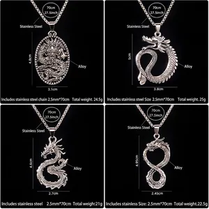 Collana vintage drago totem in acciaio inossidabile con ciondoli tondi argento retrò