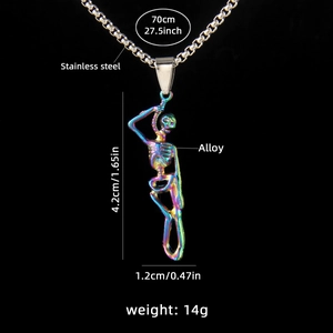 Rainbow skeleton pendant necklace in stainless steel with 70cm chain and hip-hop style