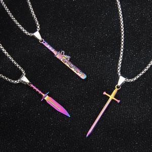 Punk Stainless Steel Rainbow Dagger Sword Pendant Necklace Dragon Pattern Katana Weapon Charm Chain Jewelry For Men Women
