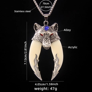 Retro stainless steel wolf head pendant with blue gemstone and white acrylic tusks