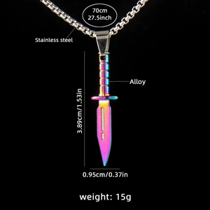 Rainbow stainless steel dagger pendant necklace with 70cm chain for men's fashion