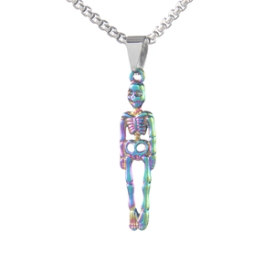 Rainbow skeleton pendant necklace in stainless steel with colorful gothic skull charm
