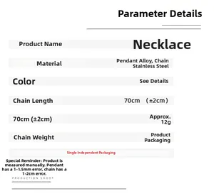 Detailed specification chart showing 70cm stainless steel chain and alloy pendant details