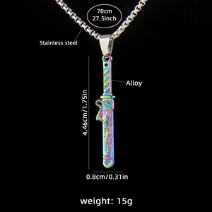 Rainbow samurai sword pendant necklace with dragon carving and 70cm steel chain