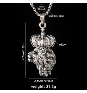 Detailed specs showing a lion crown pendant with stainless steel chain and alloy material