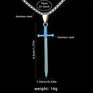 Rainbow stainless steel sword pendant necklace with 70cm square pearl chain for men
