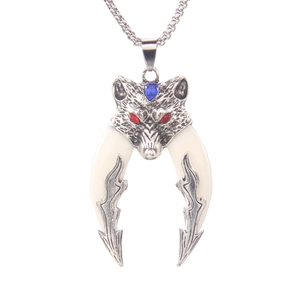 Gothic wolf head pendant necklace with red eyes and acrylic fangs on stainless steel chain