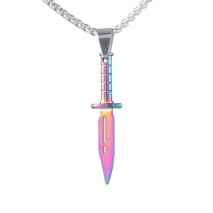 Rainbow gradient stainless steel dagger pendant necklace with silver box chain for men