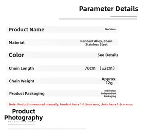 Detailed size specifications for hip-hop necklace showing 70cm chain and alloy pendant