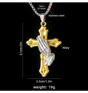Detailed view of prayer hands cross pendant with size specs and stainless steel chain