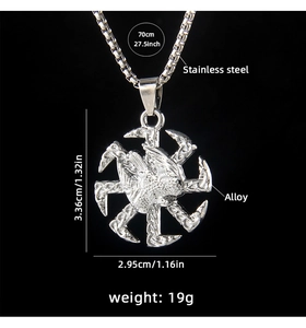 Détails du pendentif pigeon slave avec dimensions et chaîne en acier de 70cm