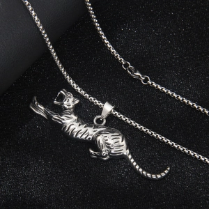 Men's silver tiger pendant necklace with stainless steel box chain on black background