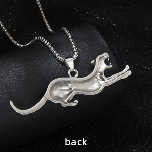 Polished stainless steel leaping leopard necklace back view detail on black box chain