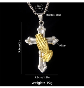 Detailed size chart of stainless steel hip hop cross necklace with praying hands pendant