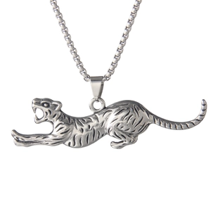 Silver stainless steel leaping cheetah necklace with black enamel stripes on box chain