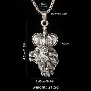 Hip hop lion king pendant necklace in stainless steel and silver finish crown design