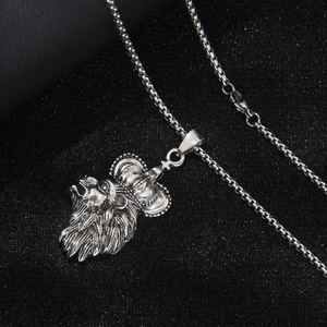 Men's retro silver stainless steel crown lion head pendant necklace with box chain