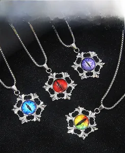 Detailed close-up of Gothic Evil Eye pendants in four vibrant colors with beaded chains
