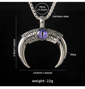 Macro shot of gothic demon eye necklace with size measurements and material specs