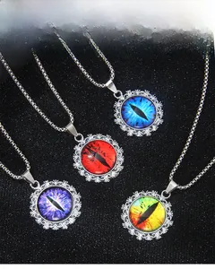 Detailed view of four colorful evil eye pendants in blue, red, purple, and green with steel chains