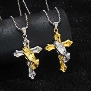 Hip Hop Trendy Praying Hands Cross Pendant Necklace Stainless Steel Chain Bicolor Alloy Religious Jewelry For Men Women