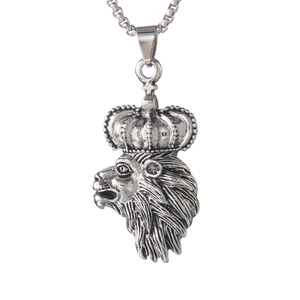 Hip hop lion king crown pendant necklace in vintage silver stainless steel for men