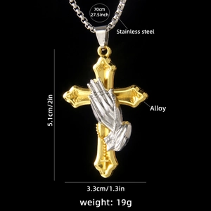 Hip hop stainless steel necklace with praying hands and cross pendant, 70cm chain
