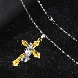 Hip hop style gold cross and silver praying hands pendant on a stainless bead chain