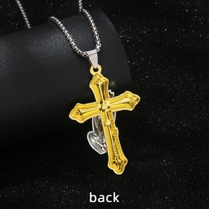 Two-tone stainless steel praying hands cross necklace with silver beaded chain on black