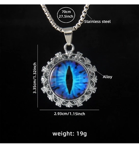 Detail shot of blue evil eye pendant with alloy patterns and 70cm stainless steel chain