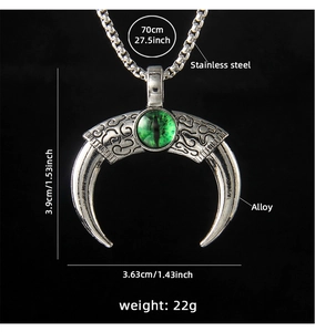 Detail of gothic ox horn pendant with green stone eye and 70cm stainless steel box chain